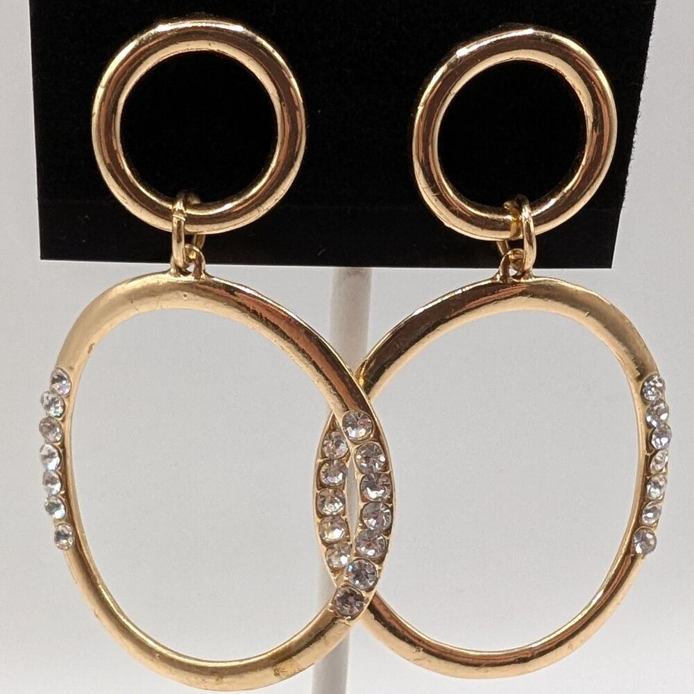 Gold Tone Rhinestone Accent Double Circle Dangle Earrings Pierced 2.25"